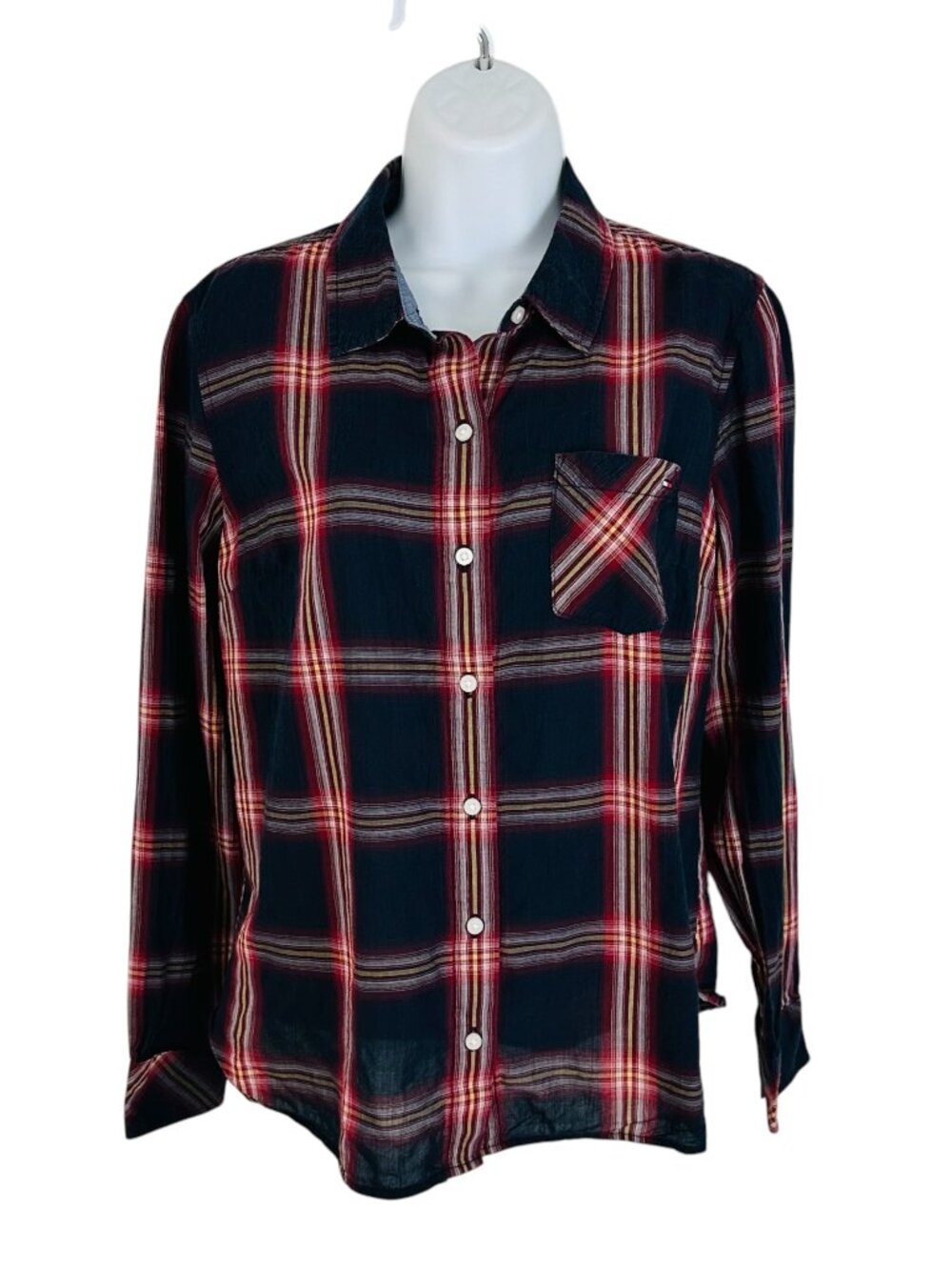 Tommy Hilfiger Women's Size S Plaid Roll Tab Sleeve Navy Red Shirt